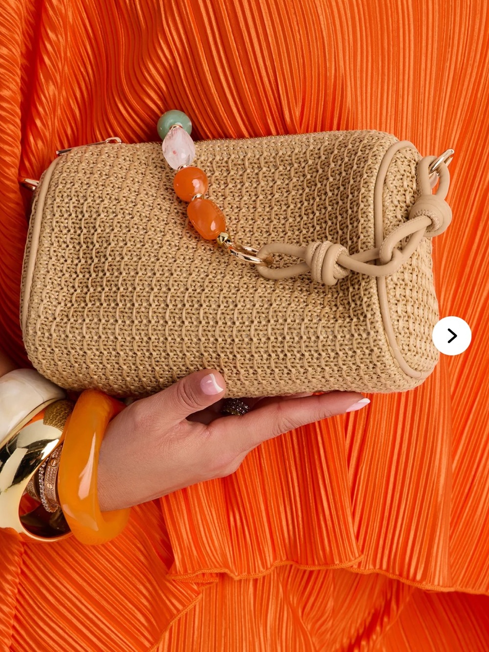 Fashion Nova Beige Woven Mini Cylinder Crossbody with Beaded Accent